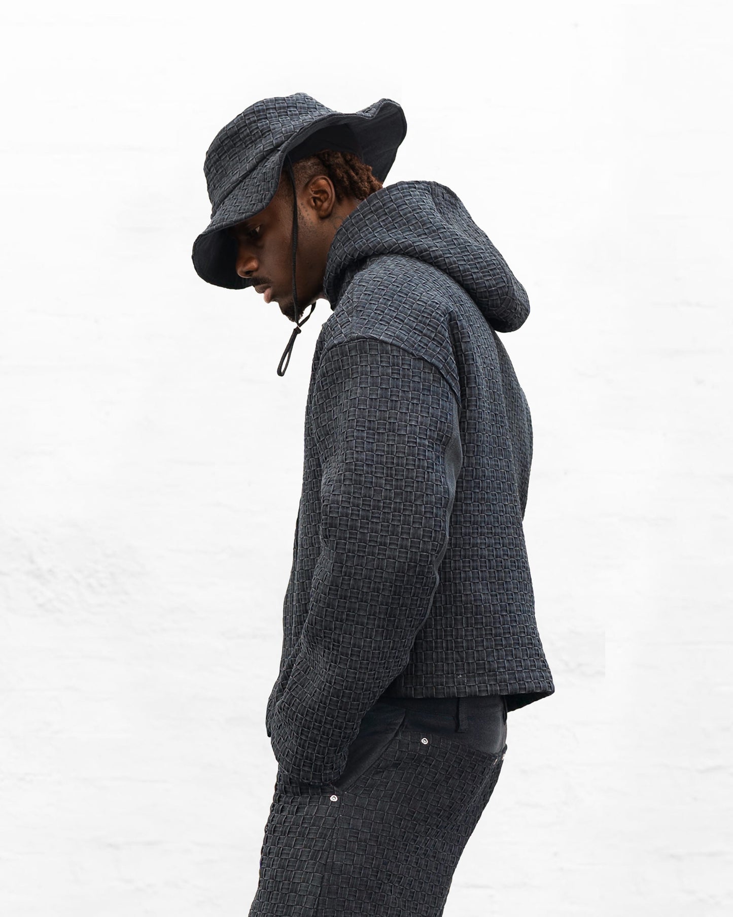 BRYDER Woven Denim Sun Hat in Midnight — side close-up product view