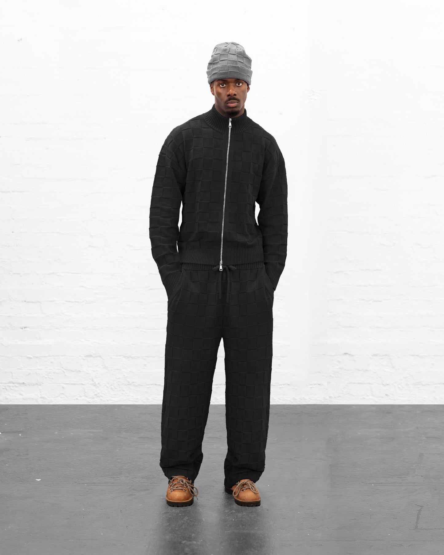 BRYDER black knitwear zip up jumper on model 