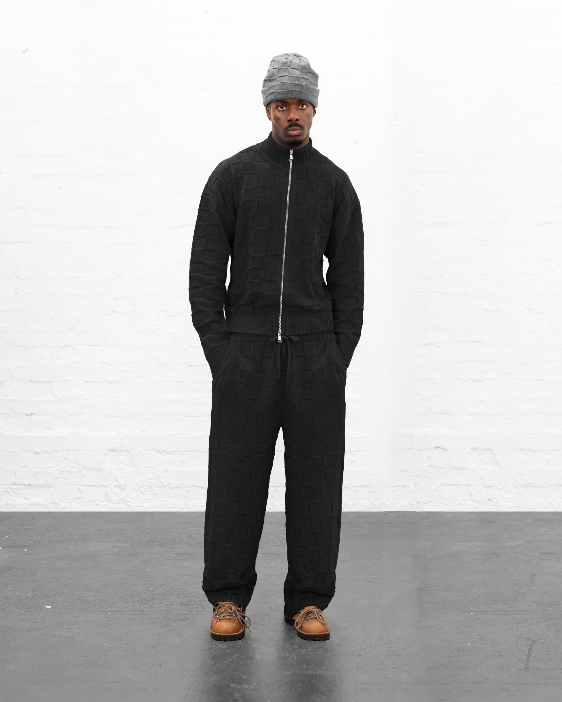 BRYDER black knitwear zip up jumper on model 