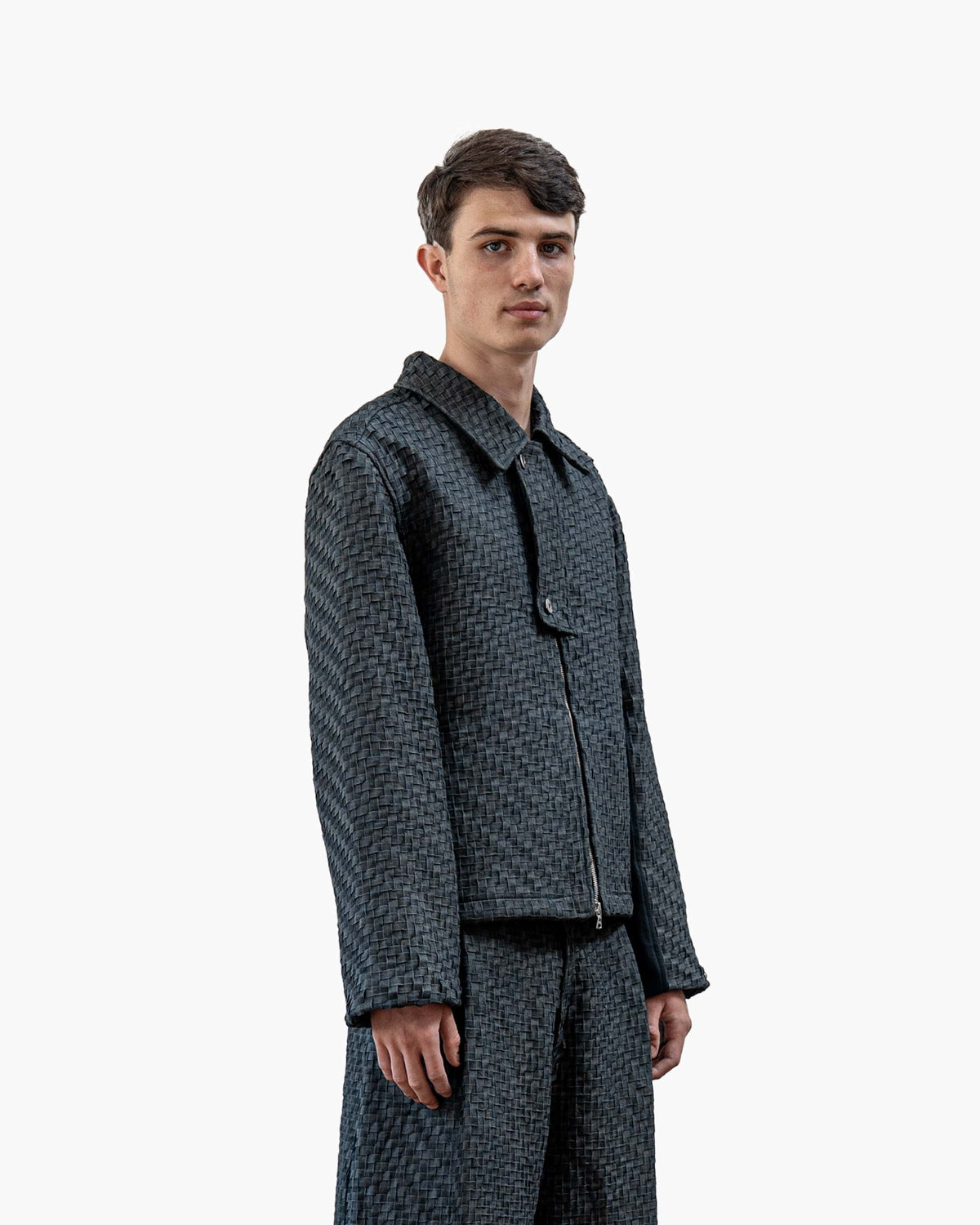 BRYDER Woven Work Jacket in Carbon Blue — close-up product view