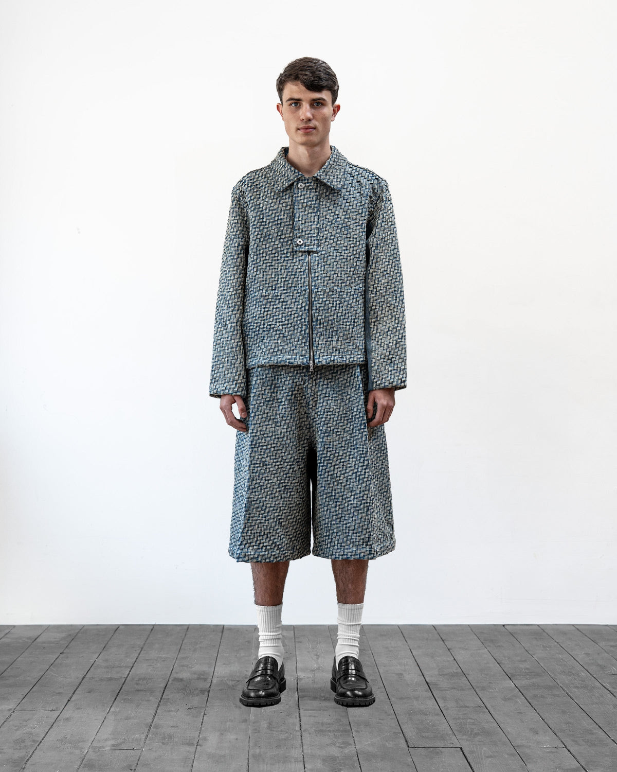 BRYDER Woven Pleat Shorts in Sand Wash — front model view
