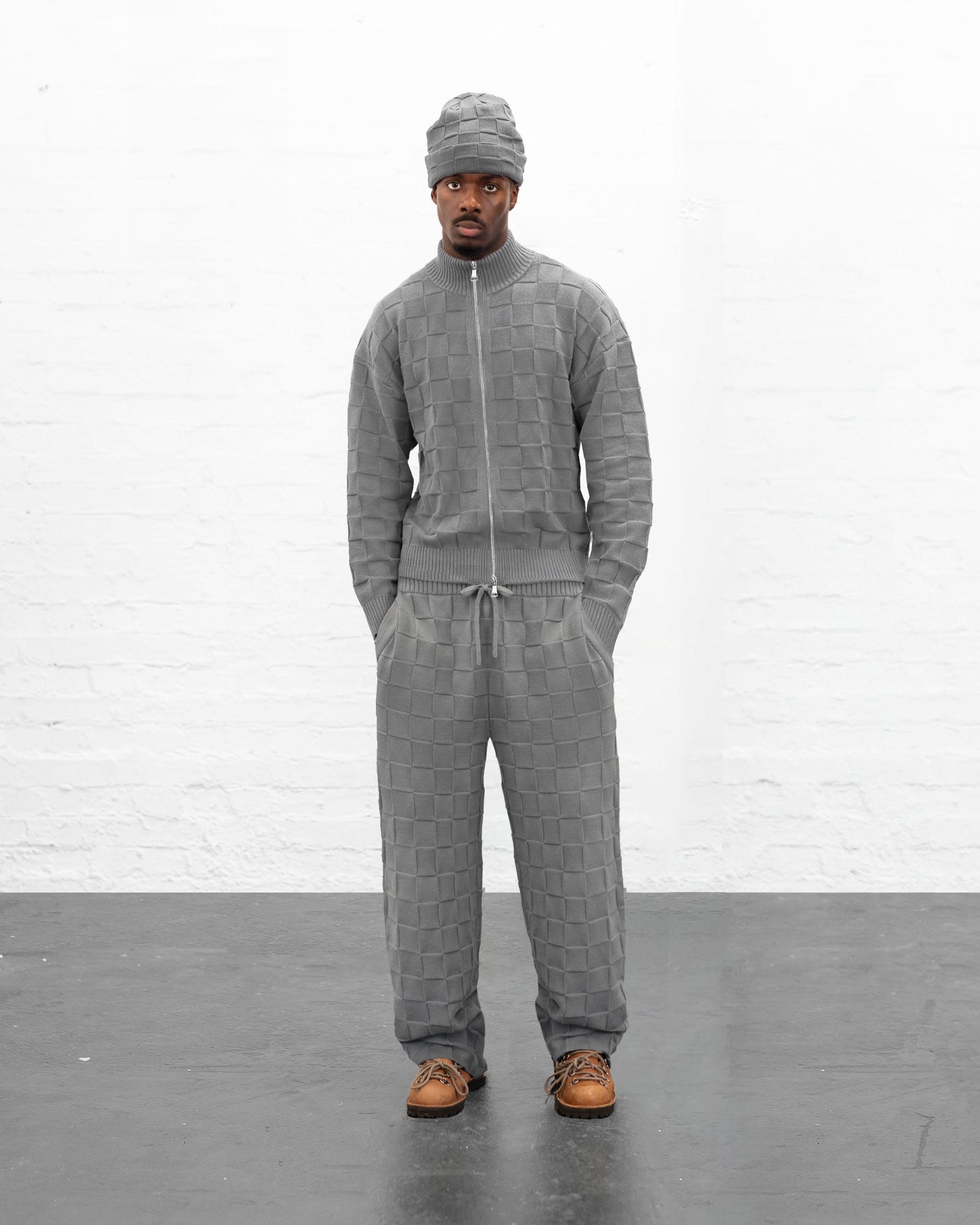 BRYDER grey knitwear zip up jumper on model