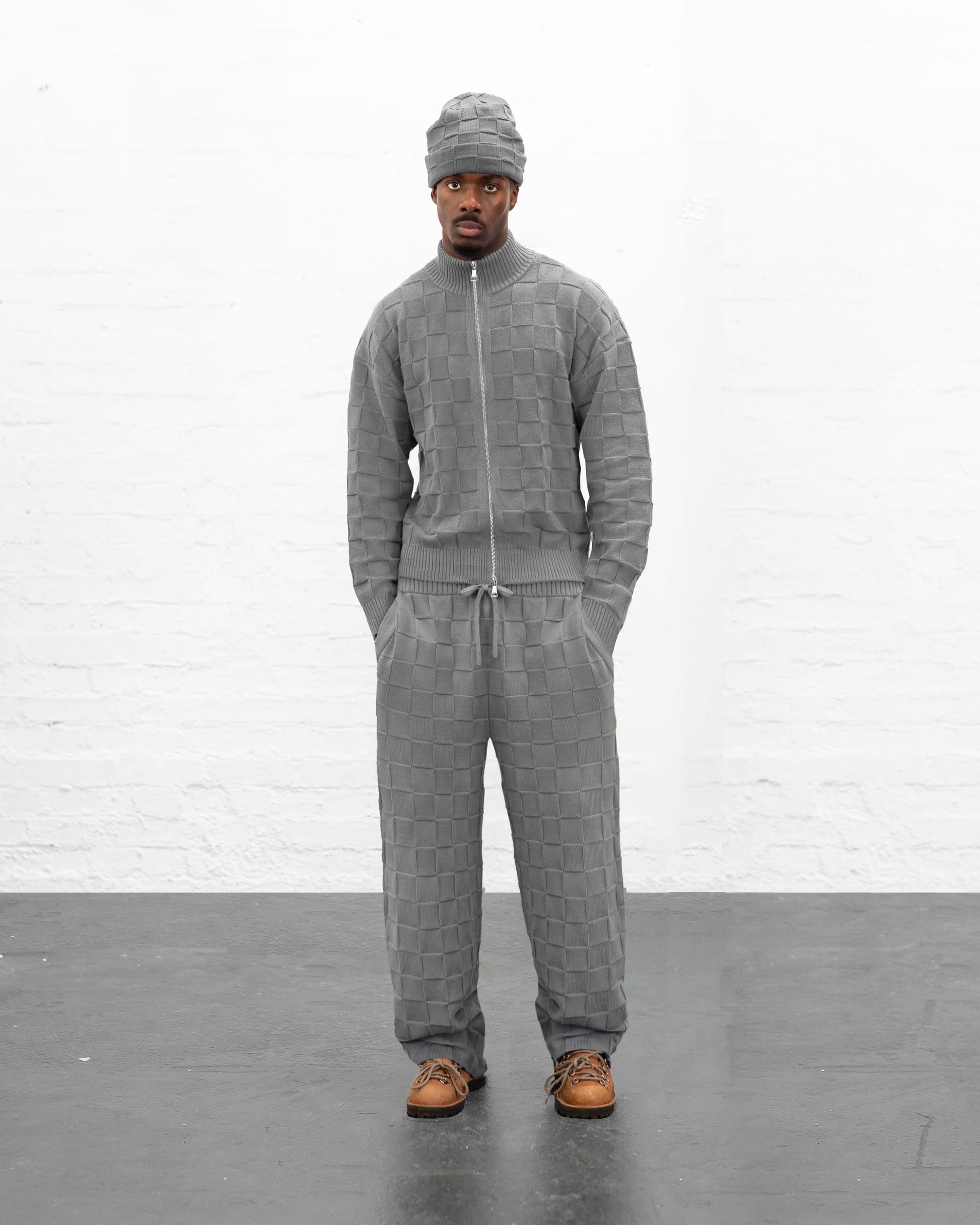 BRYDER grey knitwear zip up jumper on model