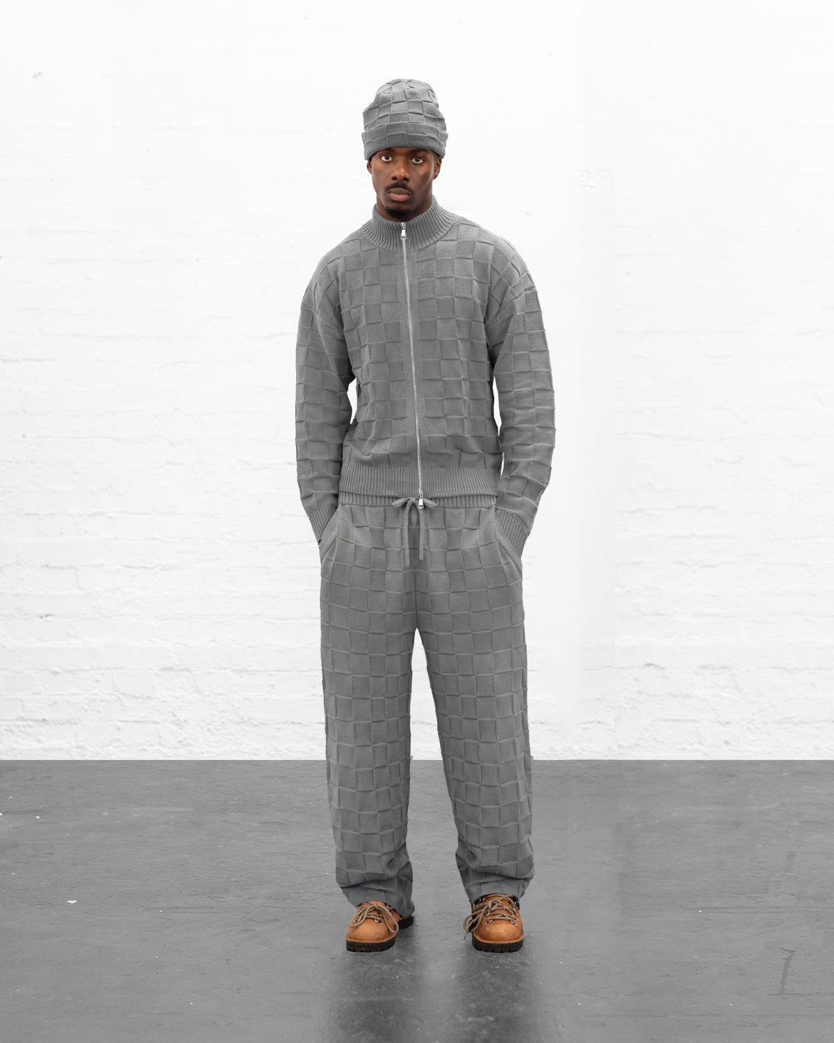 BRYDER grey knitwear zip up jumper on model